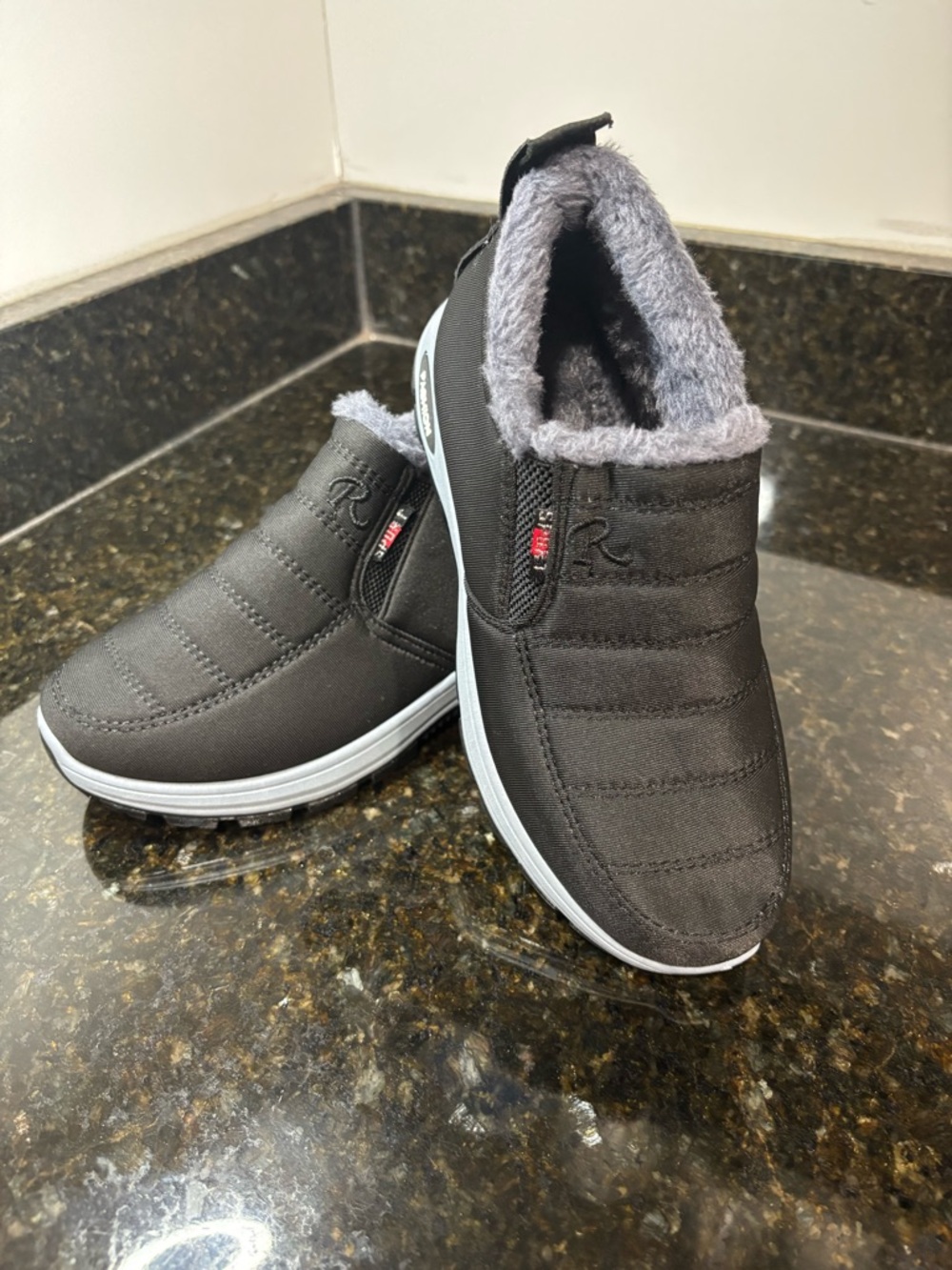 New Black Slip-On Waterproof Winter Sneakers with Gray Faux Fur Lining Size 37